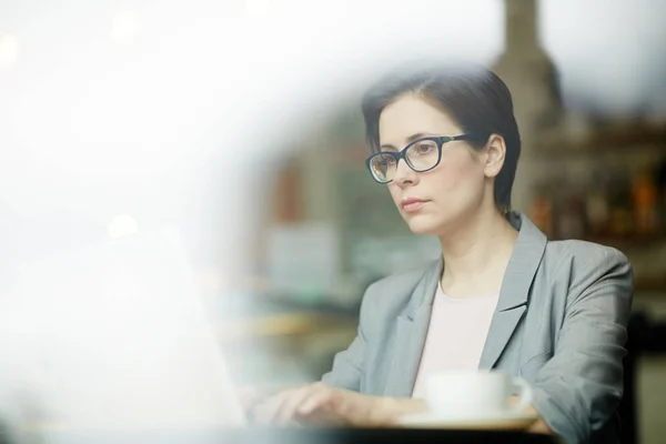 Analista Serio Delante Computadora Portátil Leyendo Información Línea — Foto de Stock