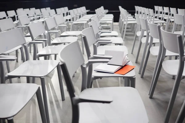 Open Notebook One Chairs Conference Hall — Stock Photo, Image