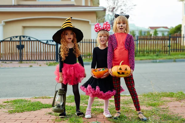 Truque Deleite Meninas Pedindo Doces Dia Halloween — Fotografia de Stock