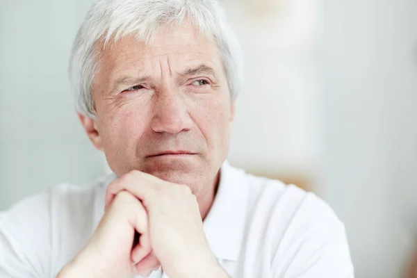 Grey Haired Pensive Man His Hands Chin Looking Aside — Stock Photo, Image