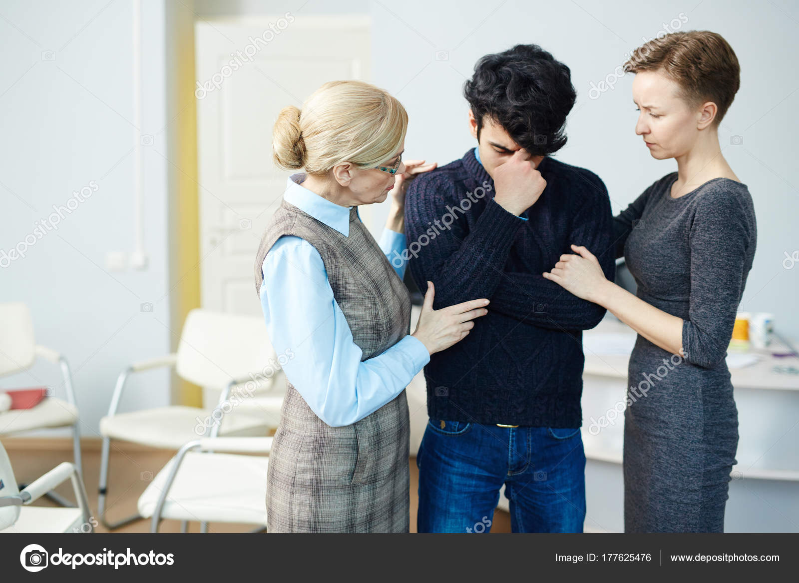 Portrait Mentor Wife Comforting Young Crying Man Psychological