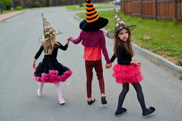 One Halloween Girls Looking Back While Going Play Tricks Friends — Stock Photo, Image