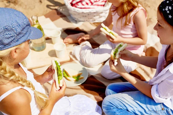 Küçük Kız Plaj Piknik Sandviç Yeme Grubu — Stok fotoğraf