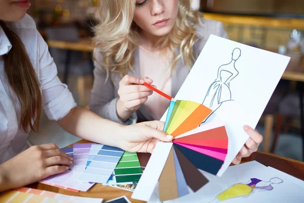 Two Fashion Designers Choosing Color New Model Dress Pantone Chart — Stock Photo, Image
