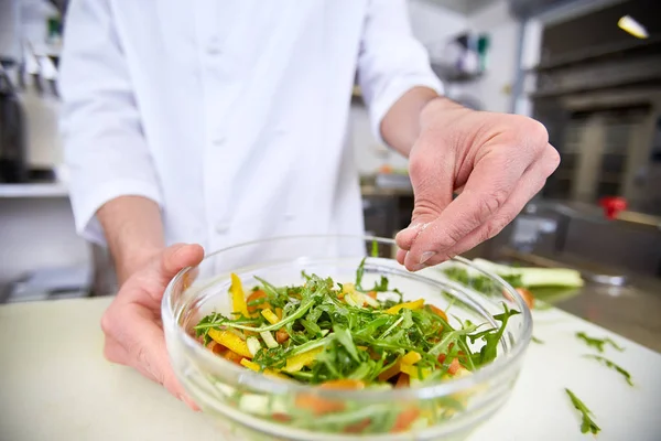 Chef Añadiendo Pizca Sal Ensalada Vegetariana — Foto de Stock