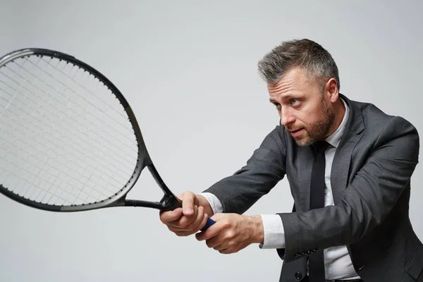 Portrait Confident Middle Aged Businessman Holding Tennis Racket Ready Counter — Stock Photo, Image