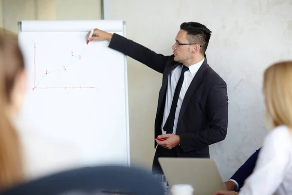 Pas Portrét Vousatého Podnikatel Stojící Dry Erase Board Kreslení Grafu — Stock fotografie