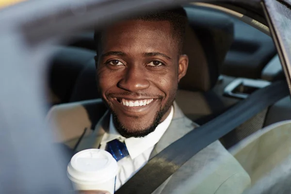 Portrait Confident African American Businessman Riding Backseat Car Smiling Cheerfully — Stock Photo, Image