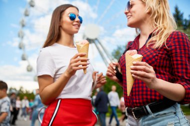 Waffled koni-dondurma eğleniyor Tema parkı ile mutlu kızlar