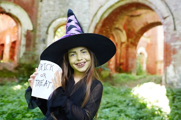 Friendly Halloween Witch Black Hat Attire Asking Treat — Stock Photo, Image
