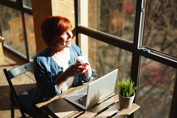 Kobieta Laptopa Kawiarni — Zdjęcie stockowe