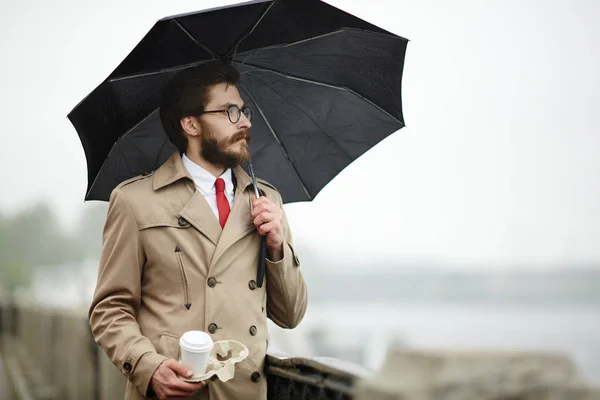 Elegant Man Black Umbrella Drink Having Walk City — Stock Photo, Image