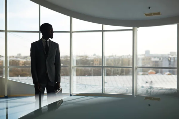 Eleganter Geschäftsmann Mit Aktentasche Der Durch Das Bürofenster Blickt — Stockfoto