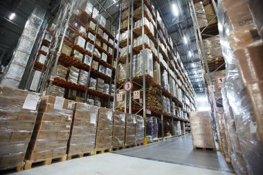 Paketlenmiş kutuları geniş açı görünümünü büyük ölçekli dağıtım depo uzun boylu rafları