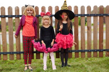 Group of friendly girls wearing traditional halloween costumes clipart