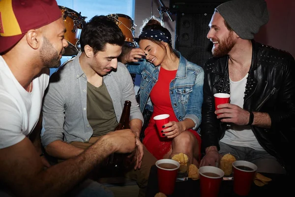 Group Young Trendy People Chilling Night Club Drinking Beer Having — Stock Photo, Image