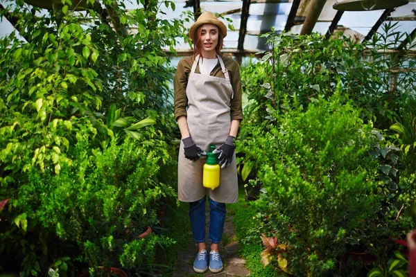 美丽的年轻女子的肖像穿着草帽和围裙享受在温室的工作 站在整个高度和看着相机之间的树灌木微笑 — 图库照片