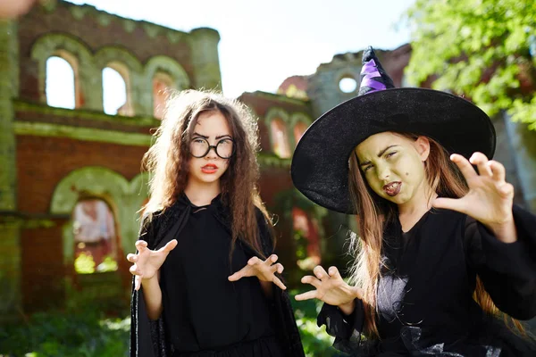 Two Angry Witches Showing Frightening Hand Gesture You — Stock Photo, Image