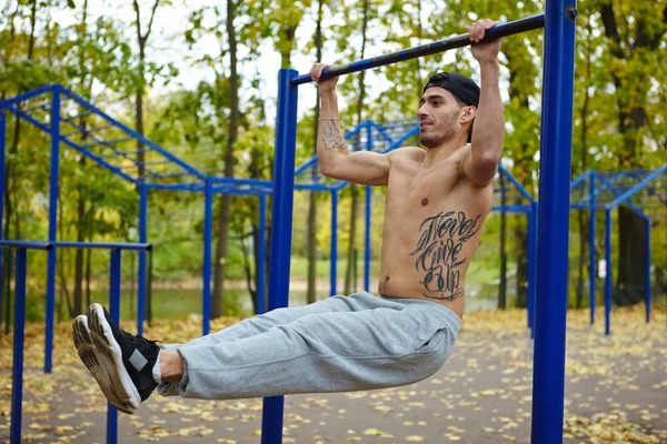 Full length portrait of tattooed sportsman doing pull-ups on horizontal bar in street workout park with fallen leaves