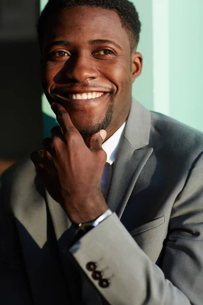 Portrait Successful Young African American Businessman Standing Bright Sunlight Smiling — Stock Photo, Image