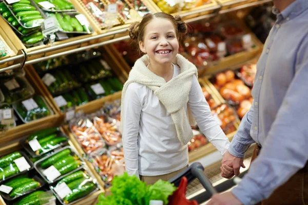 Portrait Cute Little Girl Looking Camera While Buying Groceries Supermarket — Stock Photo, Image