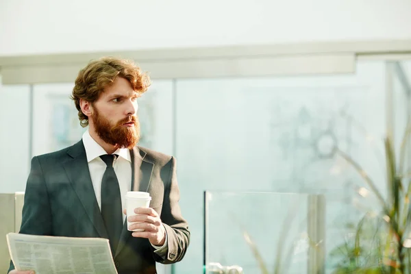 Businessman Drink Newspaper Contemplating Office — Stock Photo, Image