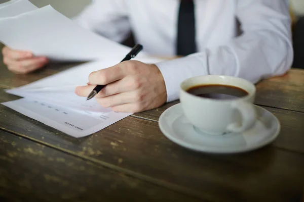 Cup Tea Table Hands Businessman Signing Papers — Stock Photo, Image