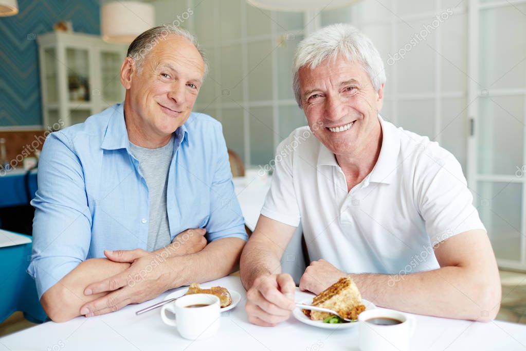 Group portrait of joyful senior friends posing for photography with wide smiles while enjoying delicious cake and fragrant coffee at cozy small cafe