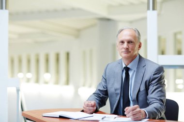 Olgun patron tarafından onun işyeri ofis oturma ve iş planlama resmi kıyafeti