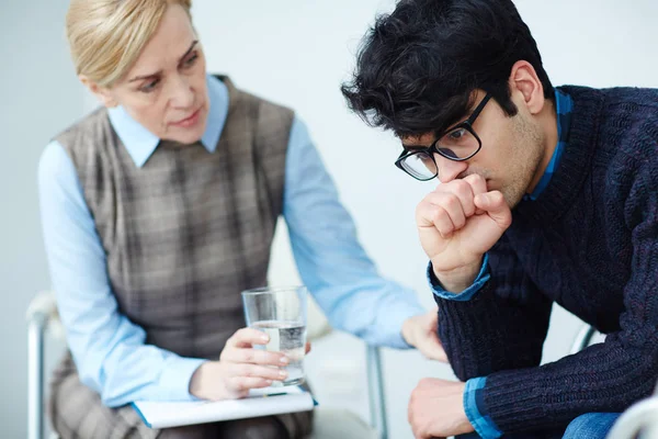 Portrait Young Depressed Man Wearing Sweater Glasses Opening His Psychologist — Stock Photo, Image