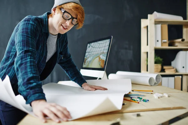 Side View Portrait Young Red Haired Architect Working Blueprints Standing — Stock Photo, Image