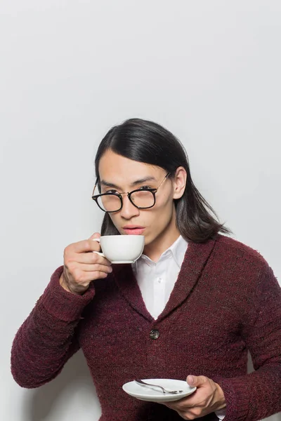 Asian Young Man Drinking Hot Tea Coffee White Cup — Stock Photo, Image