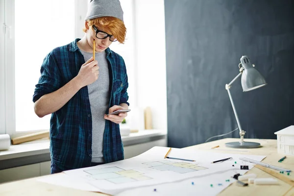 Portrait Young Red Haired Designer Wearing Glasses Beanie Hat Working — Stock Photo, Image