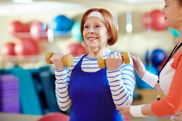 Happy Female Warm Dumbbells — Stock Photo, Image