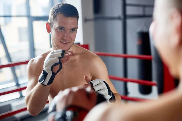 Portrait Smiling Shirtless Man Practicing Boxing Sparring Partner Fighting Club — Stock Photo, Image