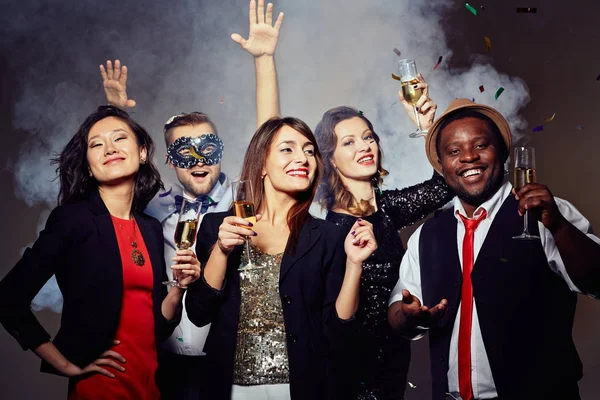 Enthusiastic Stylish Friends Hanging Out Trendy Night Club Holding Champagne — Stock Photo, Image