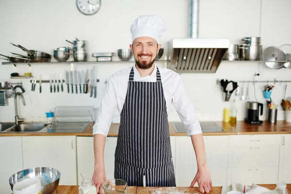 Happy Young Man Uniform Baker Standing Workplace — Stock Photo, Image