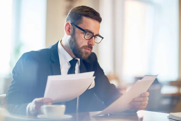 Confident Banker Reading Financial Papers While Sitting Cafe — Stock Photo, Image