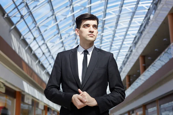 Low Angle Portrait Successful Businessman Standing Confidently Looking Away Glass — Stock Photo, Image