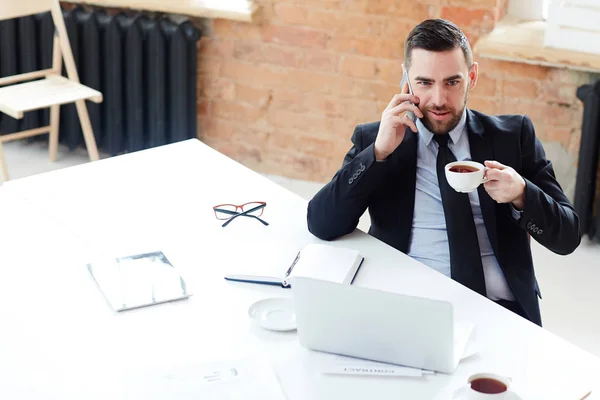 Elegant Man Cup Tea Sitting Workplace Calling — Stock Photo, Image