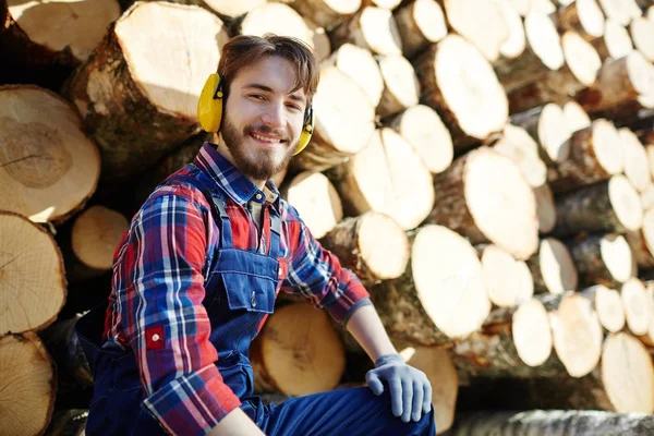 Madera sonriente con montón de troncos de árbol —  Fotos de Stock