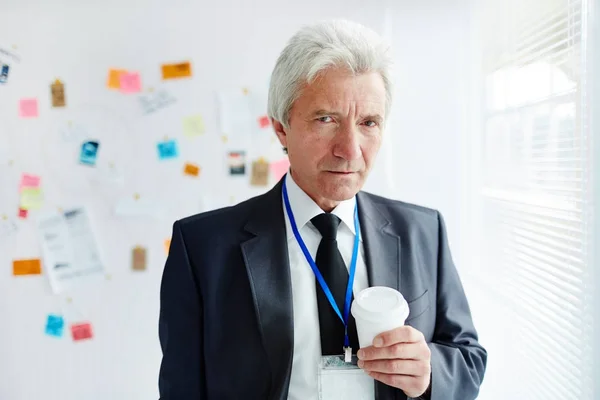 Experienced Grey Haired Investigator Glass Drink Looking Camera — Stock Photo, Image