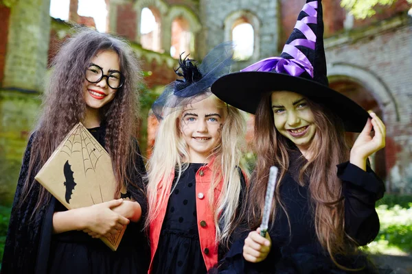 Group Little Witches Halloween Costumes Enjoying Outdoor Party — Stock Photo, Image