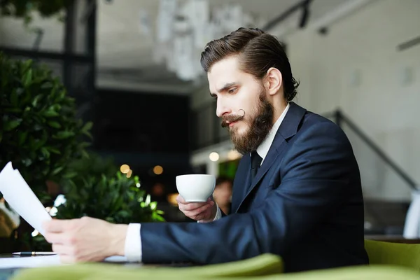 Busy Financier Having Coffee Reading Business Papers — Stock Photo, Image
