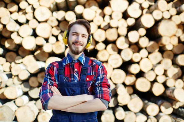 Trabalhador Serviço Árvore Fones Ouvido Proteção — Fotografia de Stock