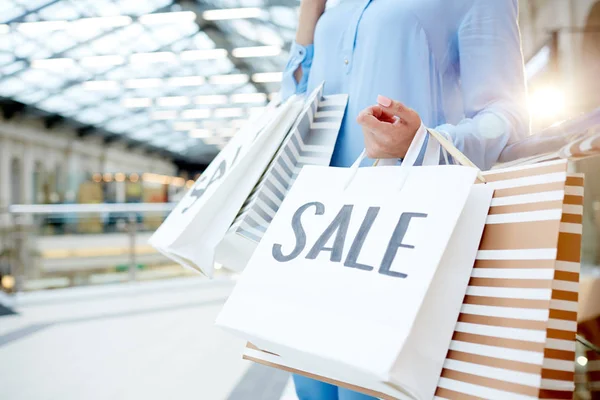 Young Customer Holding Sale Paperbags While Shopping Trade Center Black — Stock Photo, Image