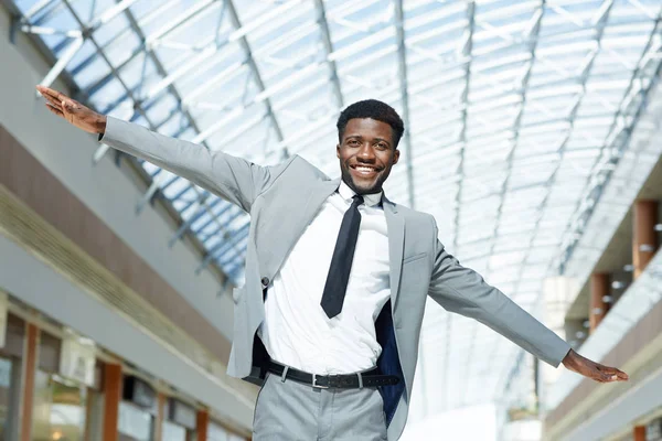 Joyful Businessman Suit Outstretching His Arms — Stock Photo, Image