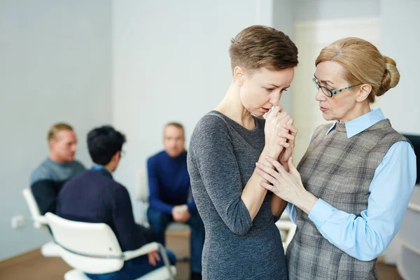Portrait Mature Female Psychologist Helping Young Woman Stop Crying Overcome — Stock Photo, Image