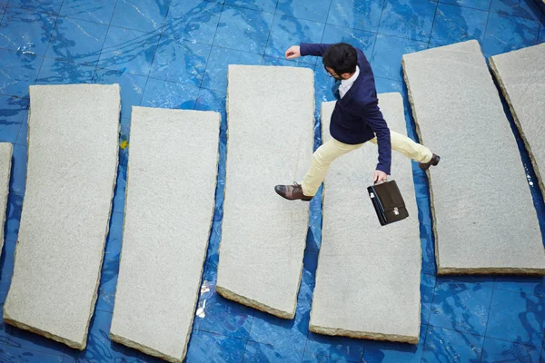 View Shot Modern Businessman Briefcase Stepping Obstacle Tiles Blue Global — Stock Photo, Image