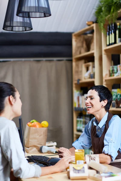 Profile View Middle Aged Shop Assistant Young Customer Having Small — Stock Photo, Image